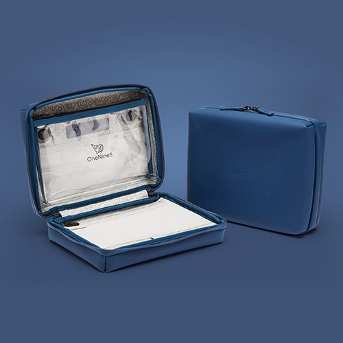 blue version of the OneNine5 wash bag