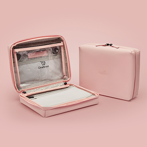 pink version of the OneNine5 wash bag