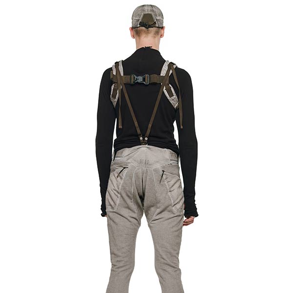 Full body shot of the pants & shoulder straps by HAMCUS with V-BUCKLEs from behind