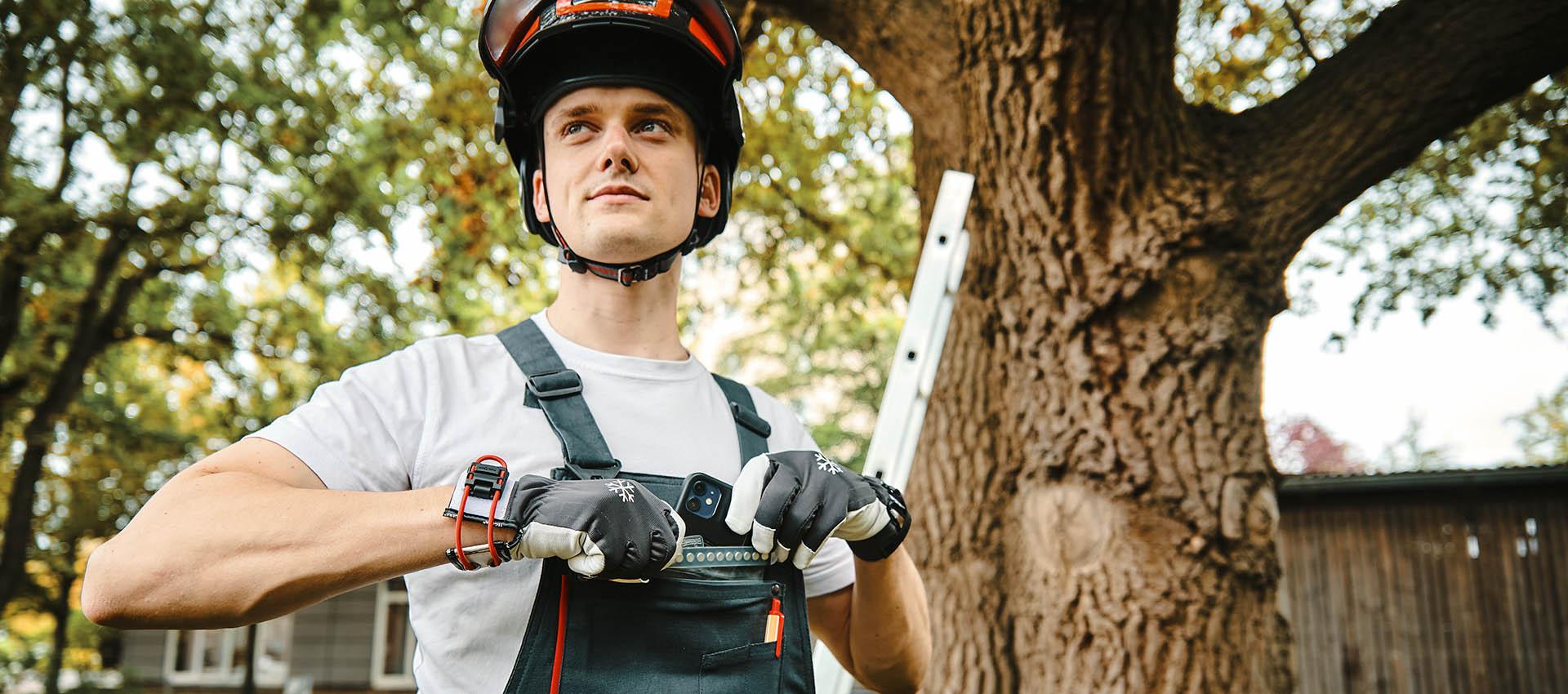 Forstarbeiter mit Helm und Latzhose vor Baum