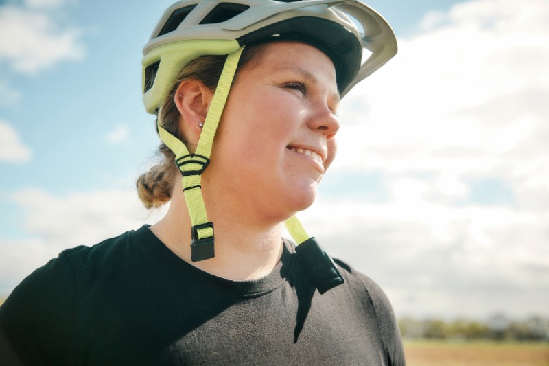 Woman wearing helmet
