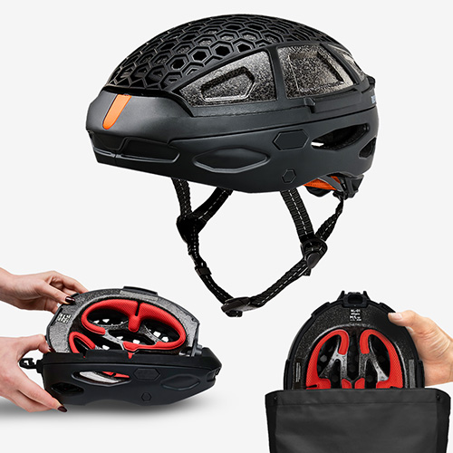 Person wearing the packable helmet by newlane equipped with a fidlock buckle