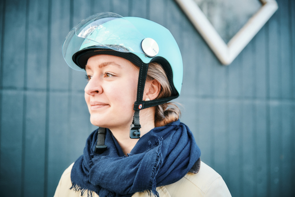 Woman wearing NACA helmet
