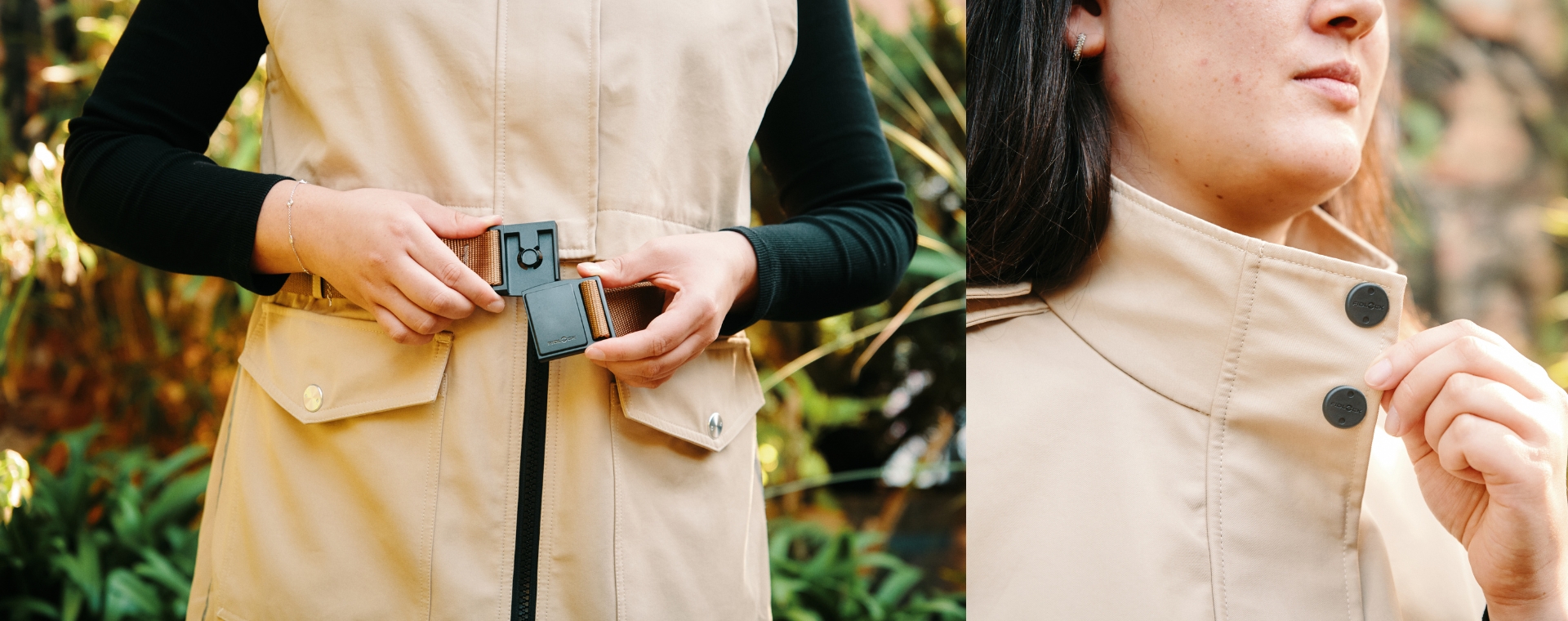 Woman wearing beige vest with FIDLOCK SNAP buckles