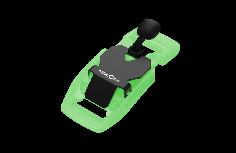Close-up of the glow-in-the-dark buckle by night