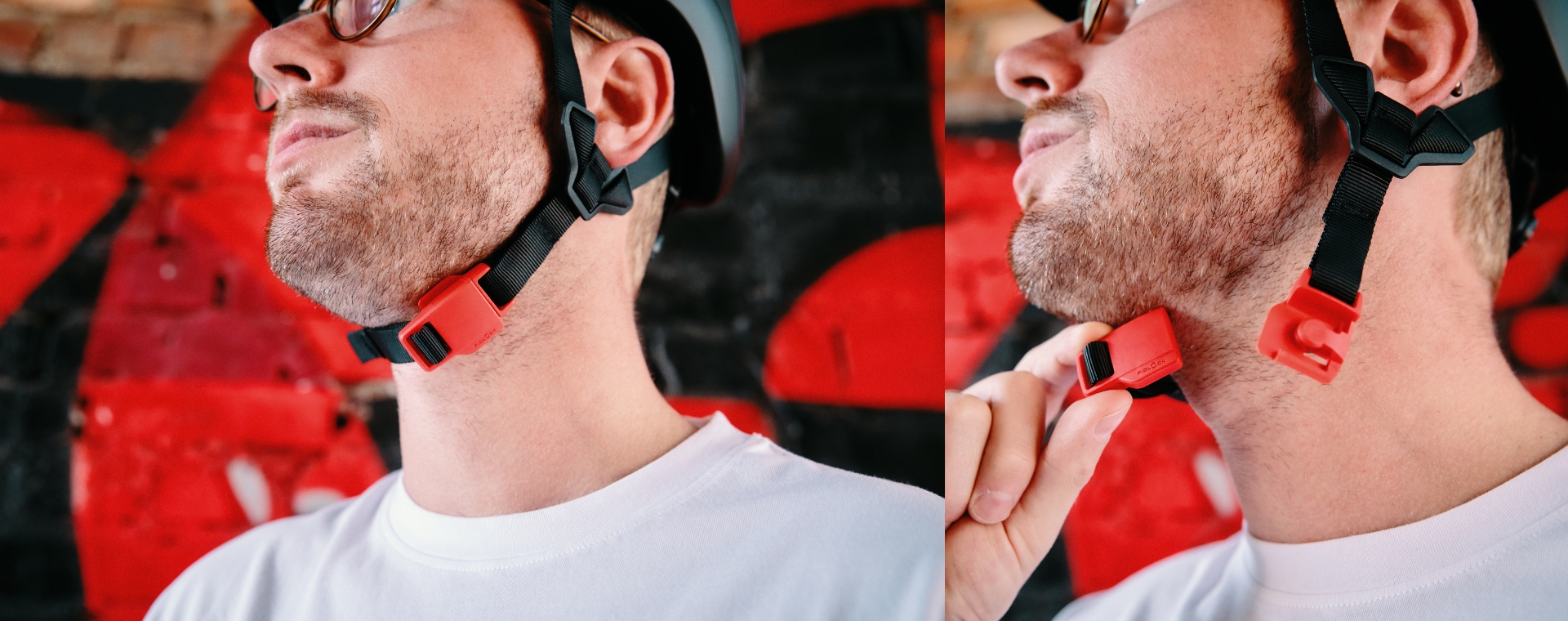 Man wearing helmet with red FIDLOCK helmet buckle